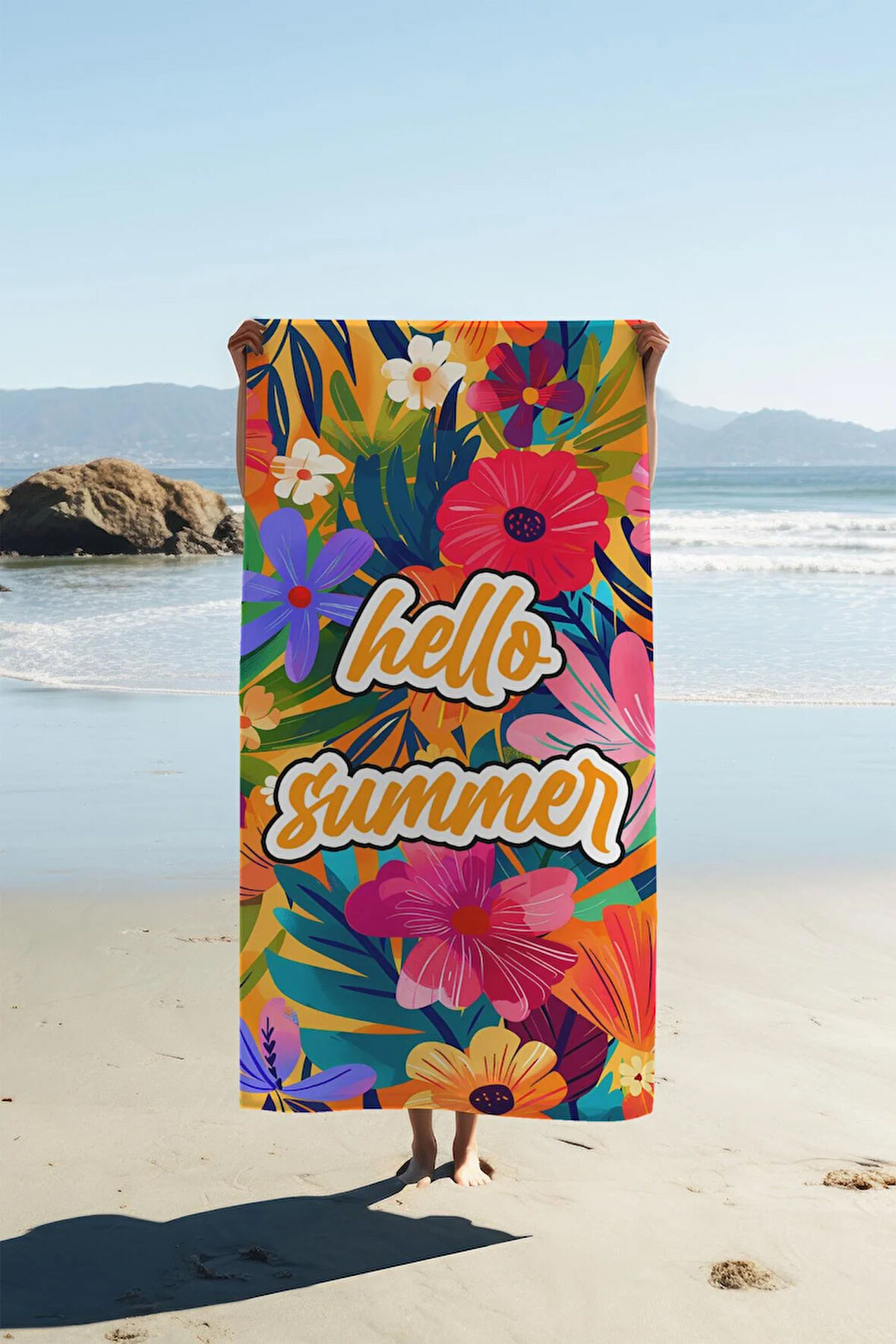Dijital Baskı Plaj Deniz Havlusu Hello Summer Desenli Peştamal HVL0095