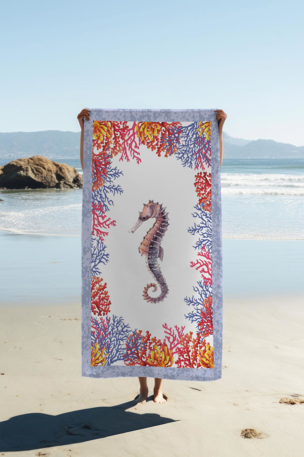 Dijital Baskı Plaj Deniz Havlusu Deniz Atı Desenli Peştamal HVL0110