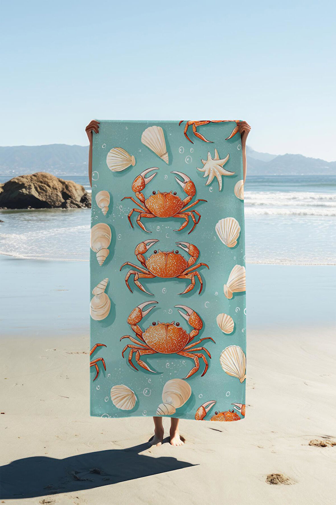 Dijital Baskı Plaj Deniz Havlusu Yengeç Desenli Peştamal HVL0115