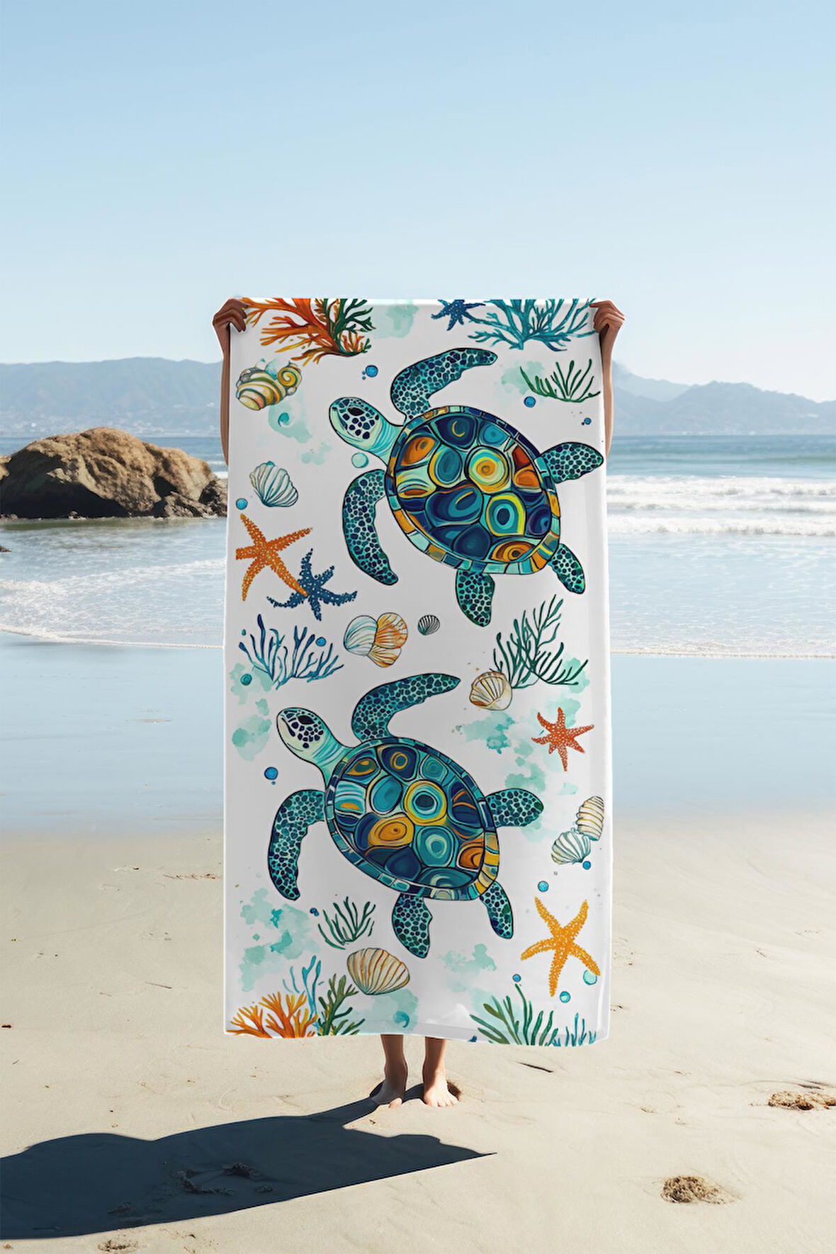 Dijital Baskı Plaj Deniz Havlusu Kaplumbağa Desenli Peştamal HVL0117