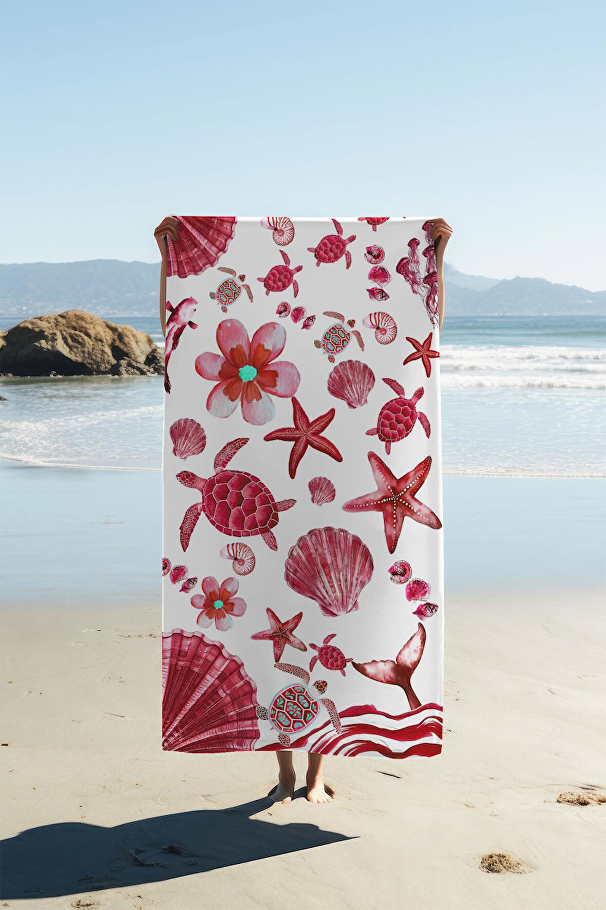 Dijital Baskı Plaj Deniz Havlusu Kaplumbağa ve Deniz Yıldızlı Peştamal HVL0125