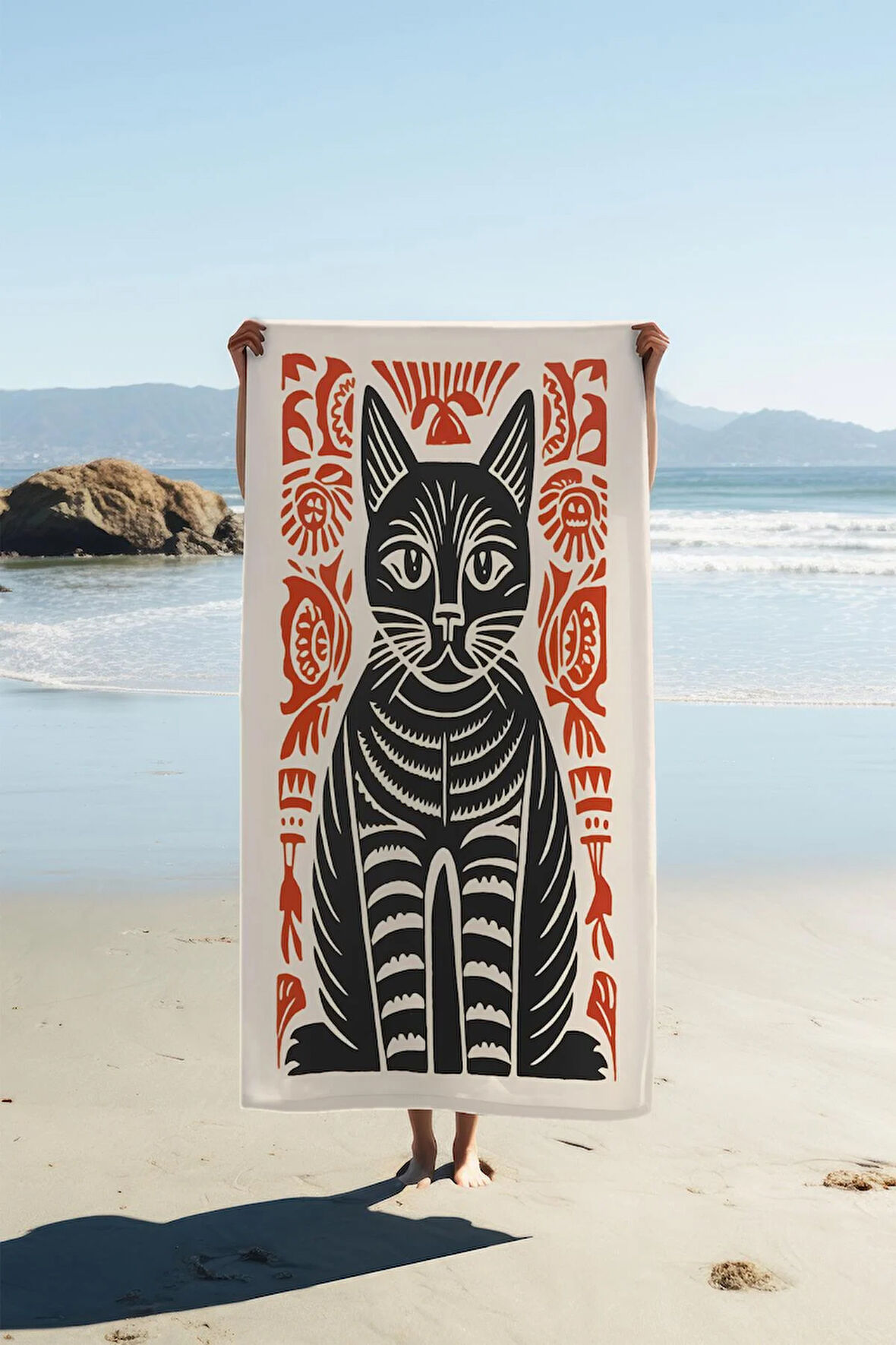 Dijital Baskı Plaj Deniz Havlusu Kedi Desenli Peştamal HVL0139