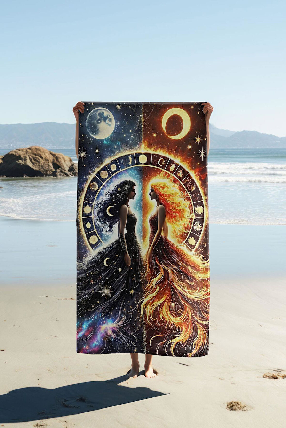 Dijital Baskı Plaj Deniz Havlusu Gece ve Gündüz Desenli Peştamal HVL0054