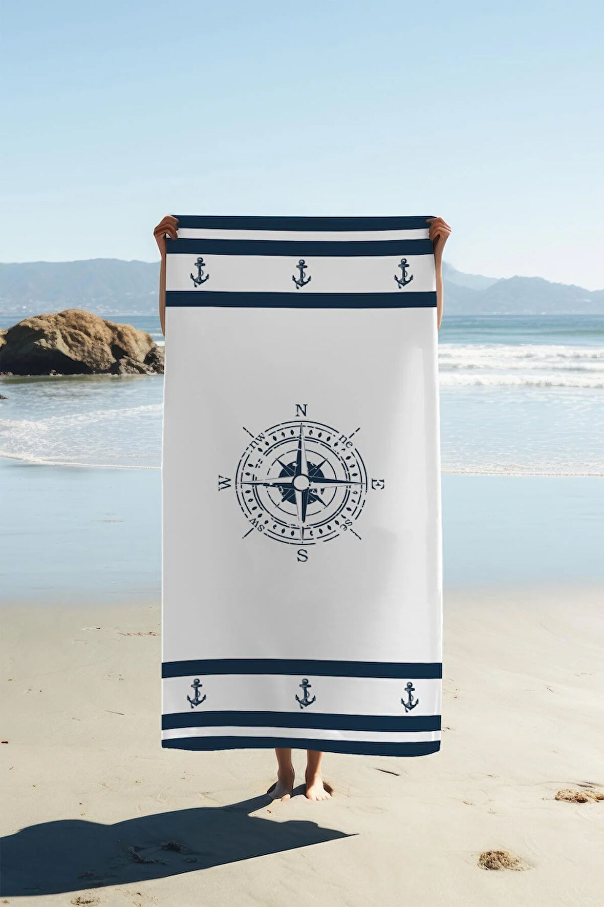 Dijital Baskı Plaj Deniz Havlusu Pusula Desenli Peştamal HVL0006