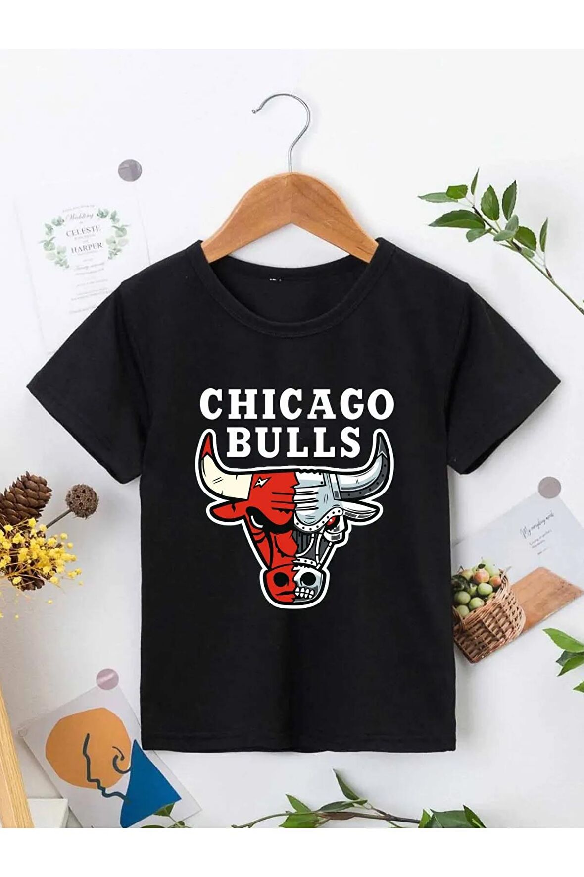 Ünisex Rahat Kalıp Pamuklu Baskılı Siyah Çocuk T-shirt