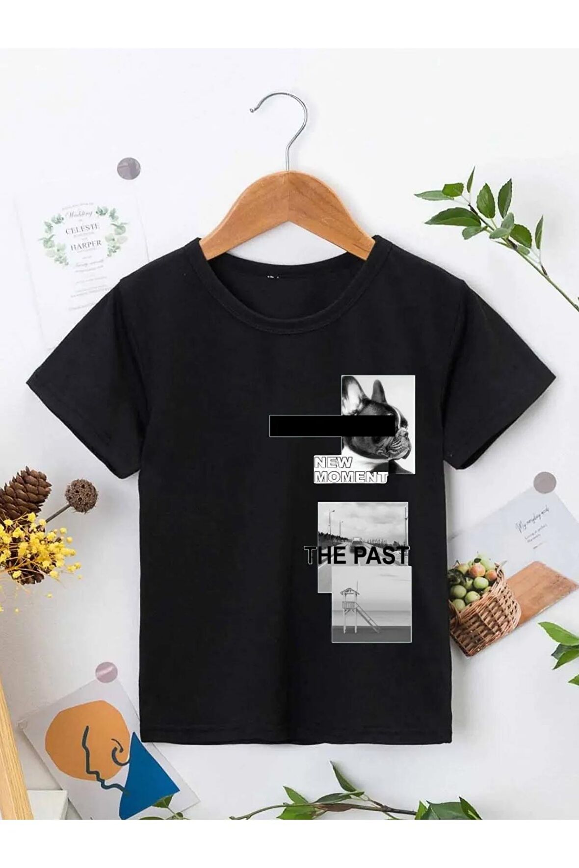 Ünisex Rahat Kalıp Pamuklu Baskılı Siyah Çocuk T-shirt