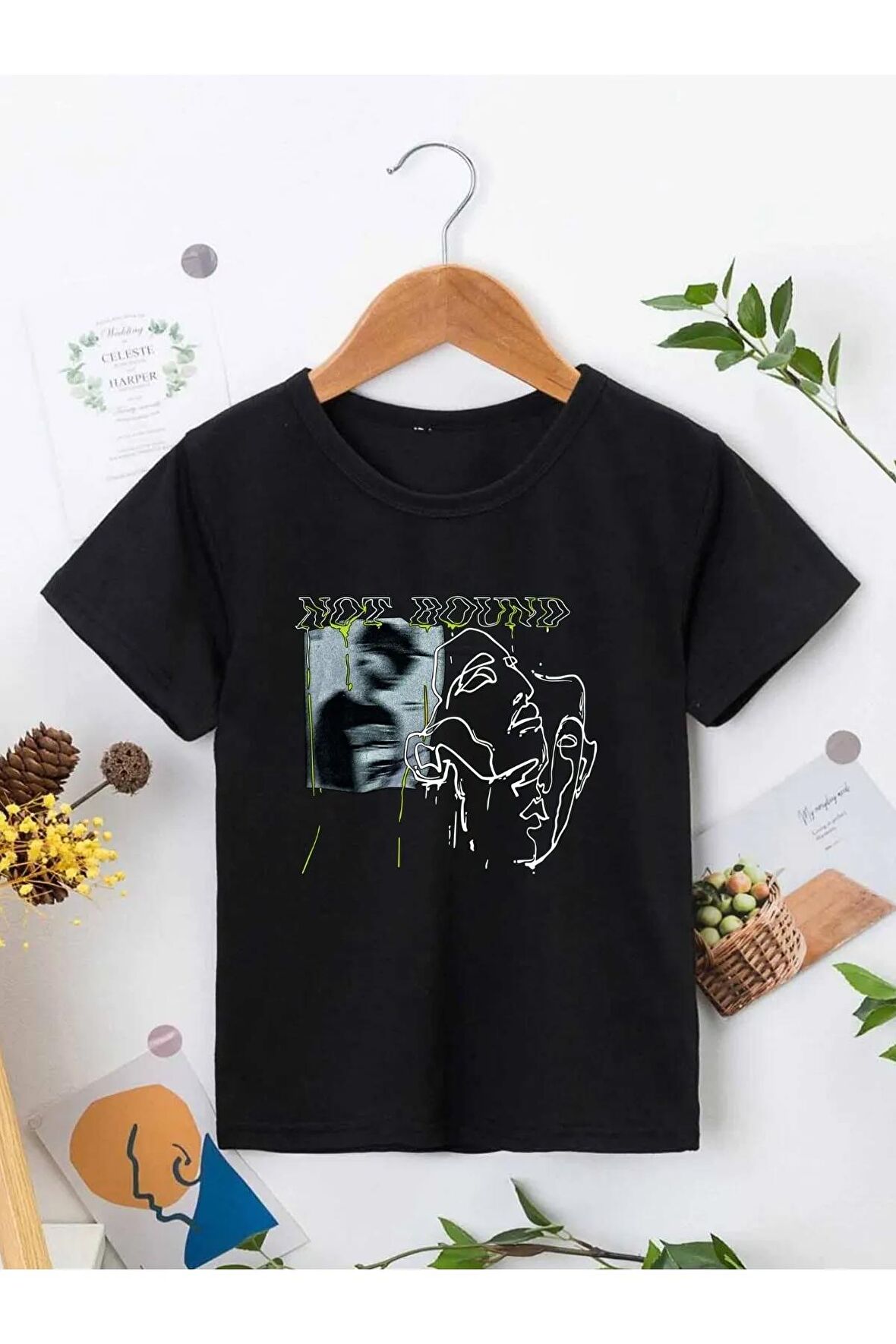 Ünisex Rahat Kalıp Pamuklu Baskılı Siyah Çocuk T-shirt
