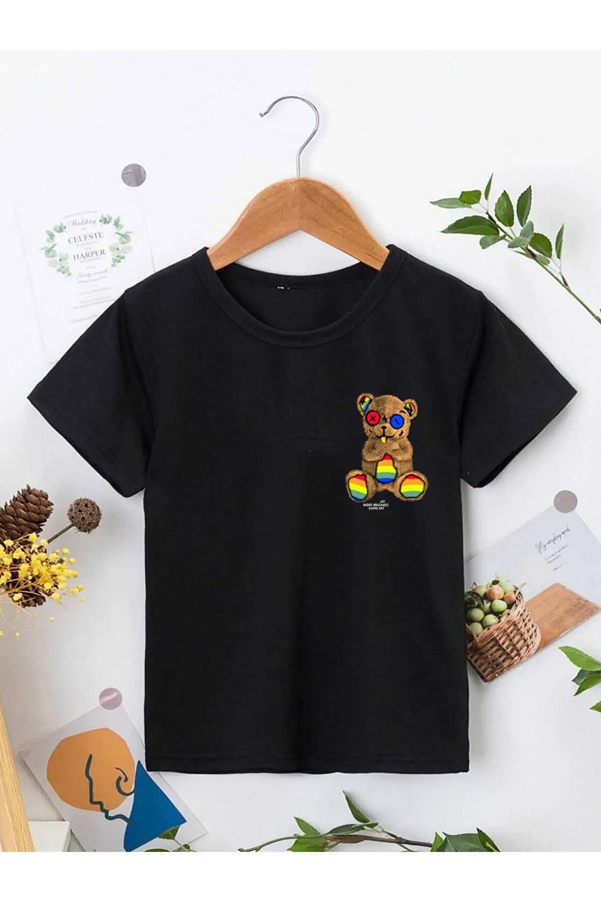 Ünisex Rahat Kalıp Pamuklu Baskılı Siyah Çocuk T-shirt