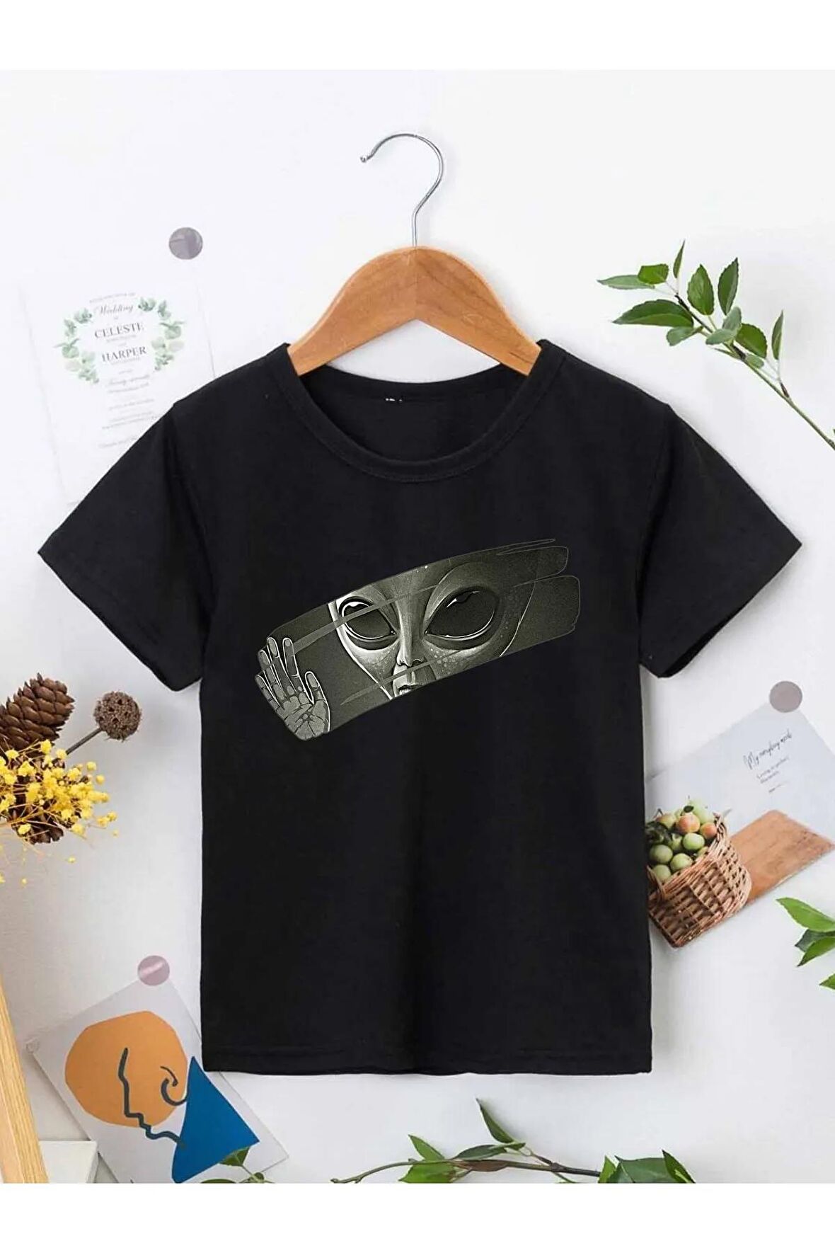 Ünisex Rahat Kalıp Pamuklu Baskılı Siyah Çocuk T-shirt