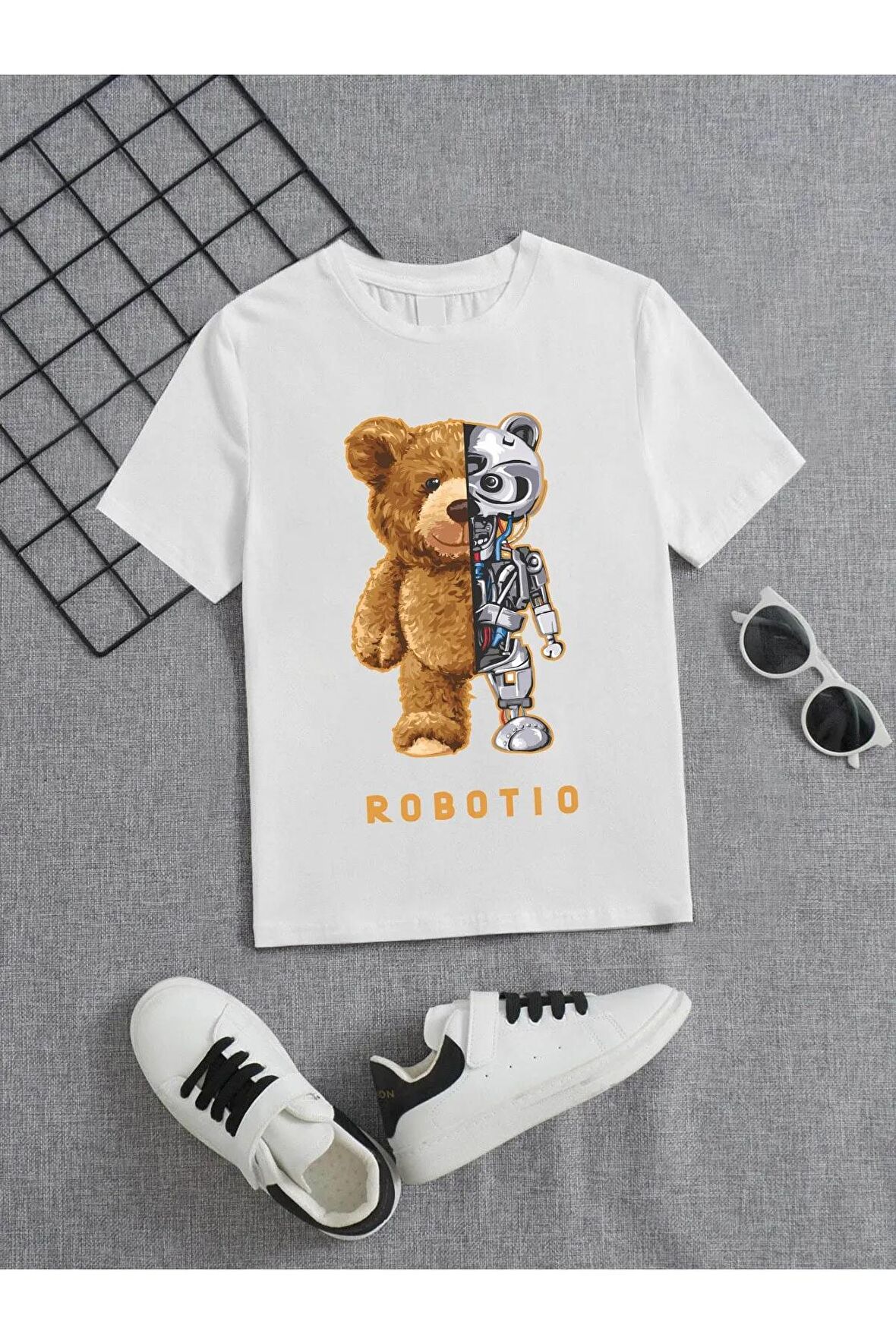 Ünisex Rahat Kalıp Pamuklu Baskılı Beyaz Çocuk T-shirt