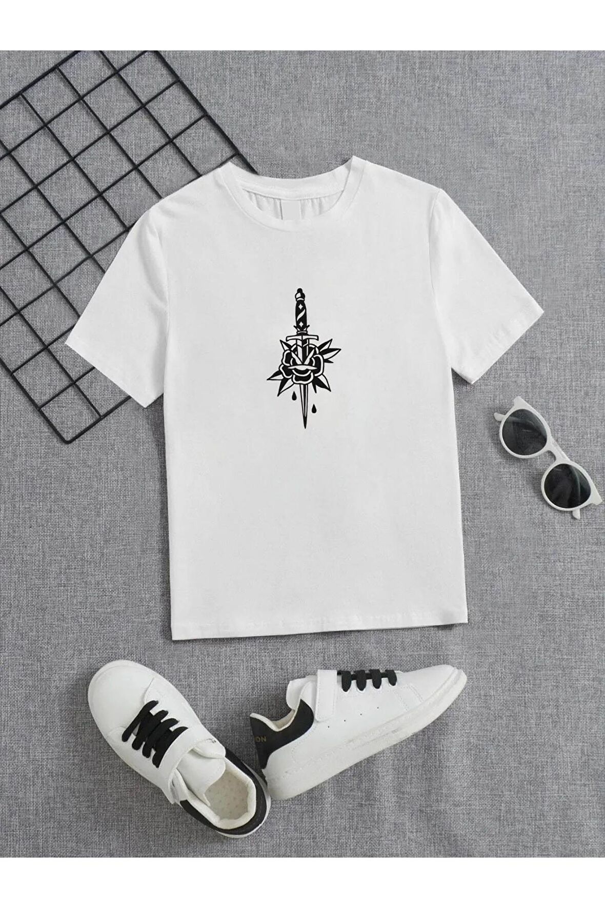 Ünisex Rahat Kalıp Pamuklu Baskılı Beyaz Çocuk T-shirt