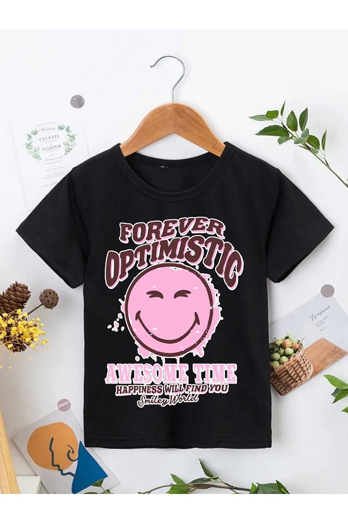 Ünisex Rahat Kalıp Pamuklu Baskılı Siyah Çocuk T-shirt