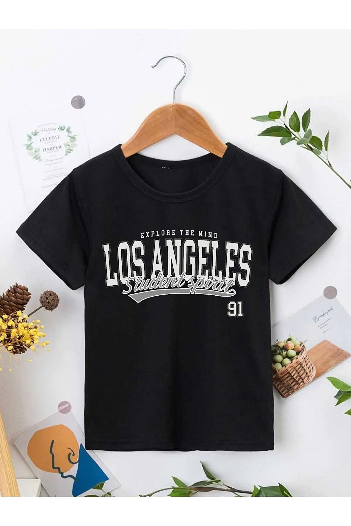 Ünisex Rahat Kalıp Pamuklu Baskılı Siyah Çocuk T-shirt