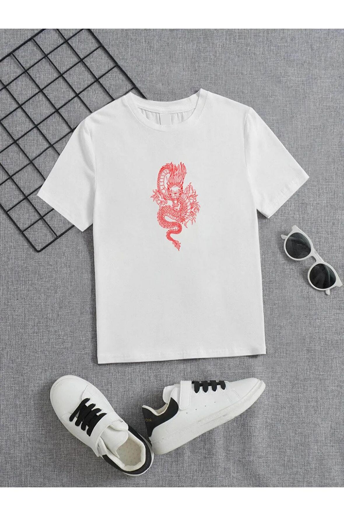 Ünisex Rahat Kalıp Pamuklu Baskılı Beyaz Çocuk T-shirt