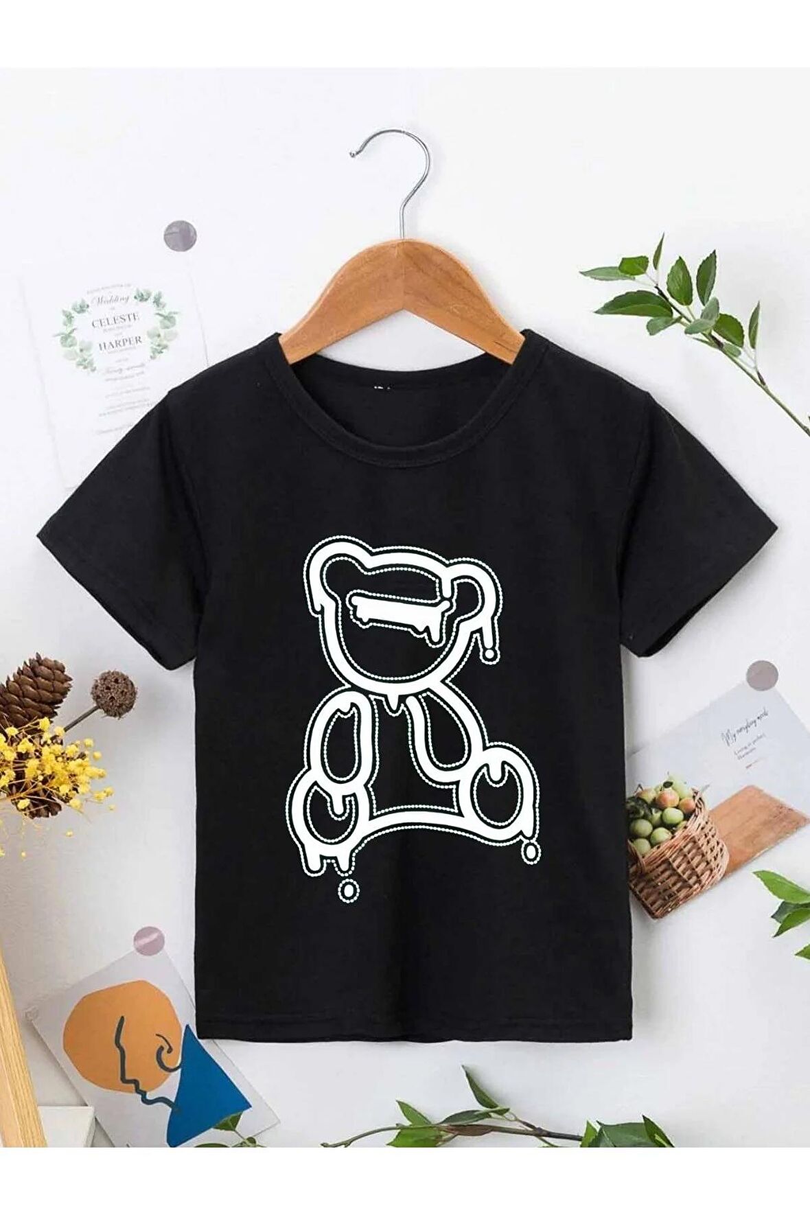 Ünisex Rahat Kalıp Pamuklu Baskılı Siyah Çocuk T-shirt