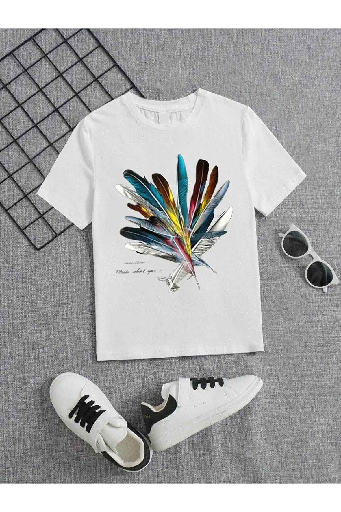 Ünisex Rahat Kalıp Pamuklu Baskılı Beyaz Çocuk T-shirt