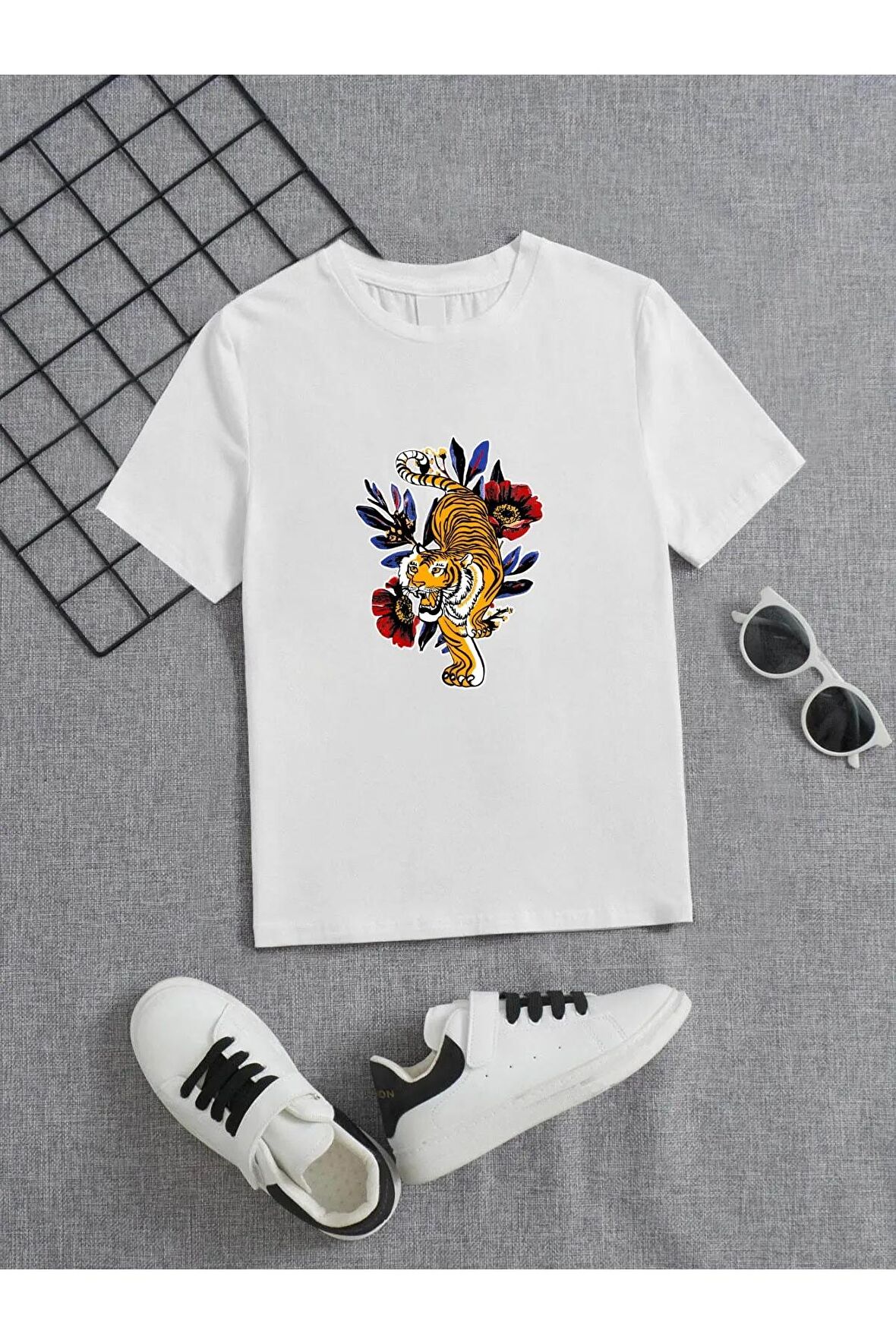 Ünisex Rahat Kalıp Pamuklu Baskılı Beyaz Çocuk T-shirt