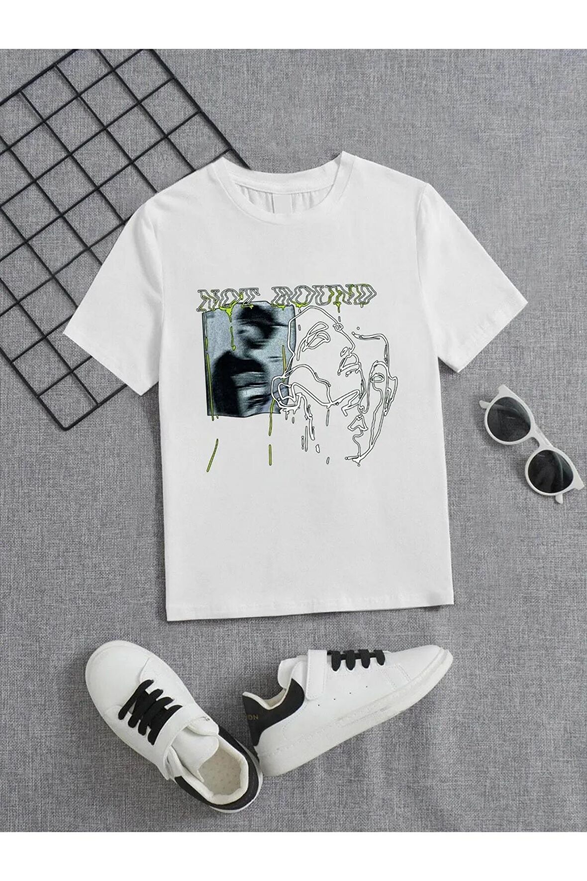 Ünisex Rahat Kalıp Pamuklu Baskılı Beyaz Çocuk T-shirt