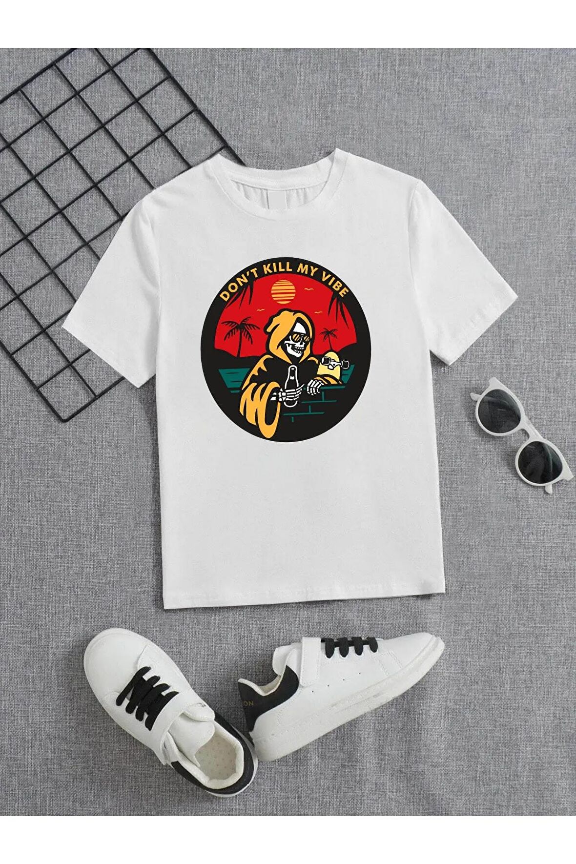 Ünisex Rahat Kalıp Pamuklu Baskılı Beyaz Çocuk T-shirt