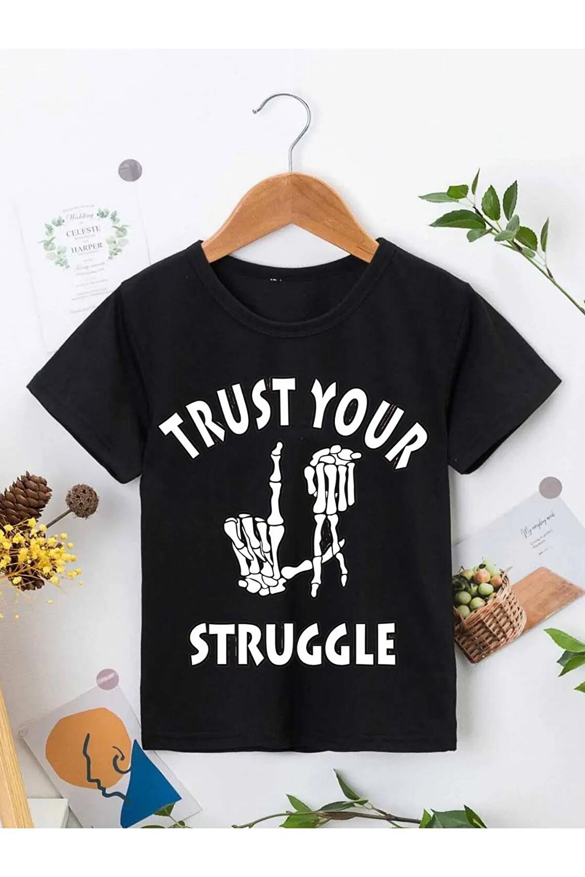 Ünisex Rahat Kalıp Pamuklu Baskılı Siyah Çocuk T-shirt