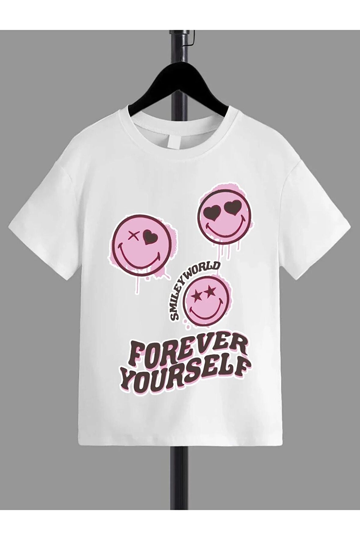 Ünisex Rahat Kalıp Pamuklu Baskılı Beyaz Çocuk T-shirt