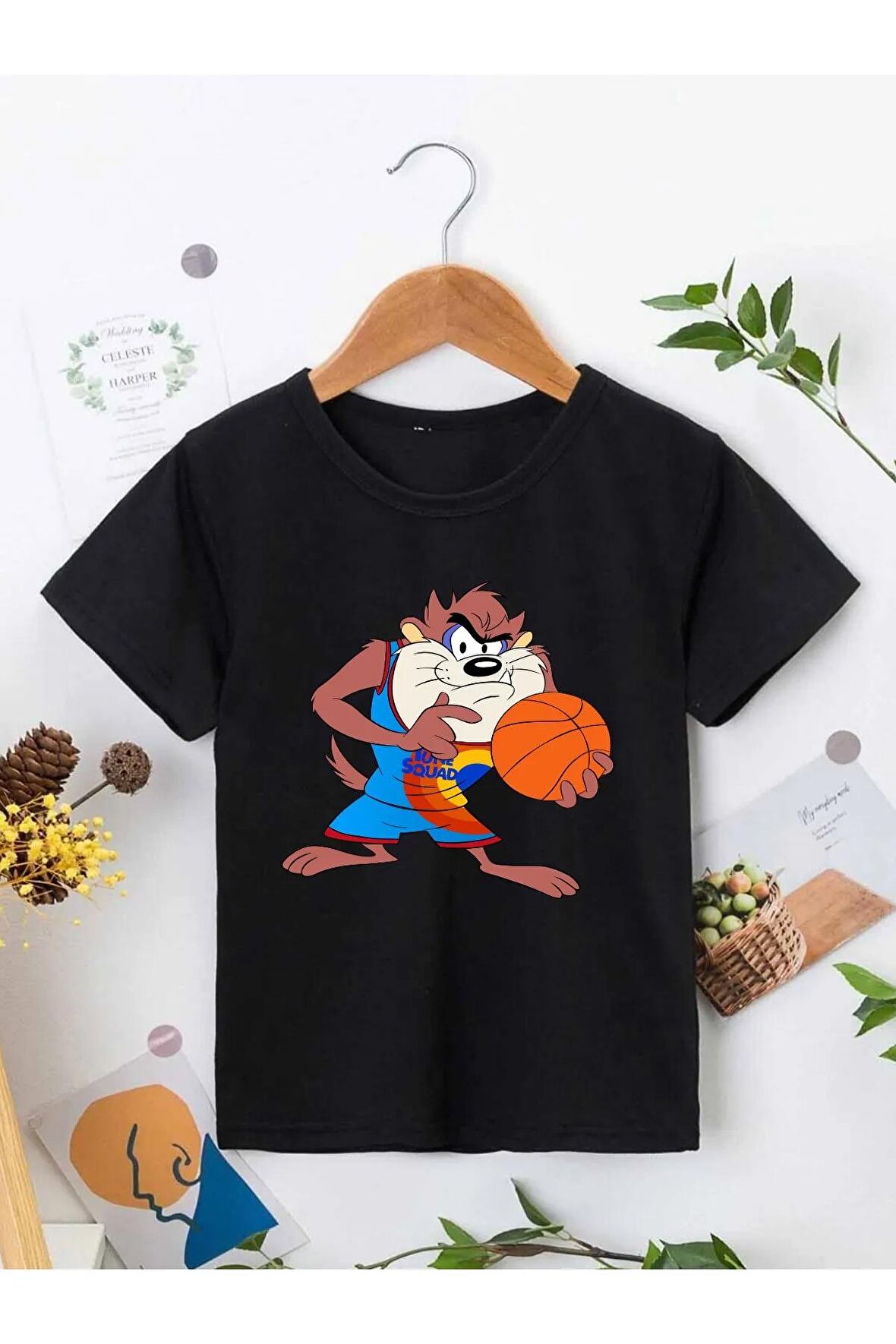 Ünisex Rahat Kalıp Pamuklu Baskılı Siyah Çocuk T-shirt