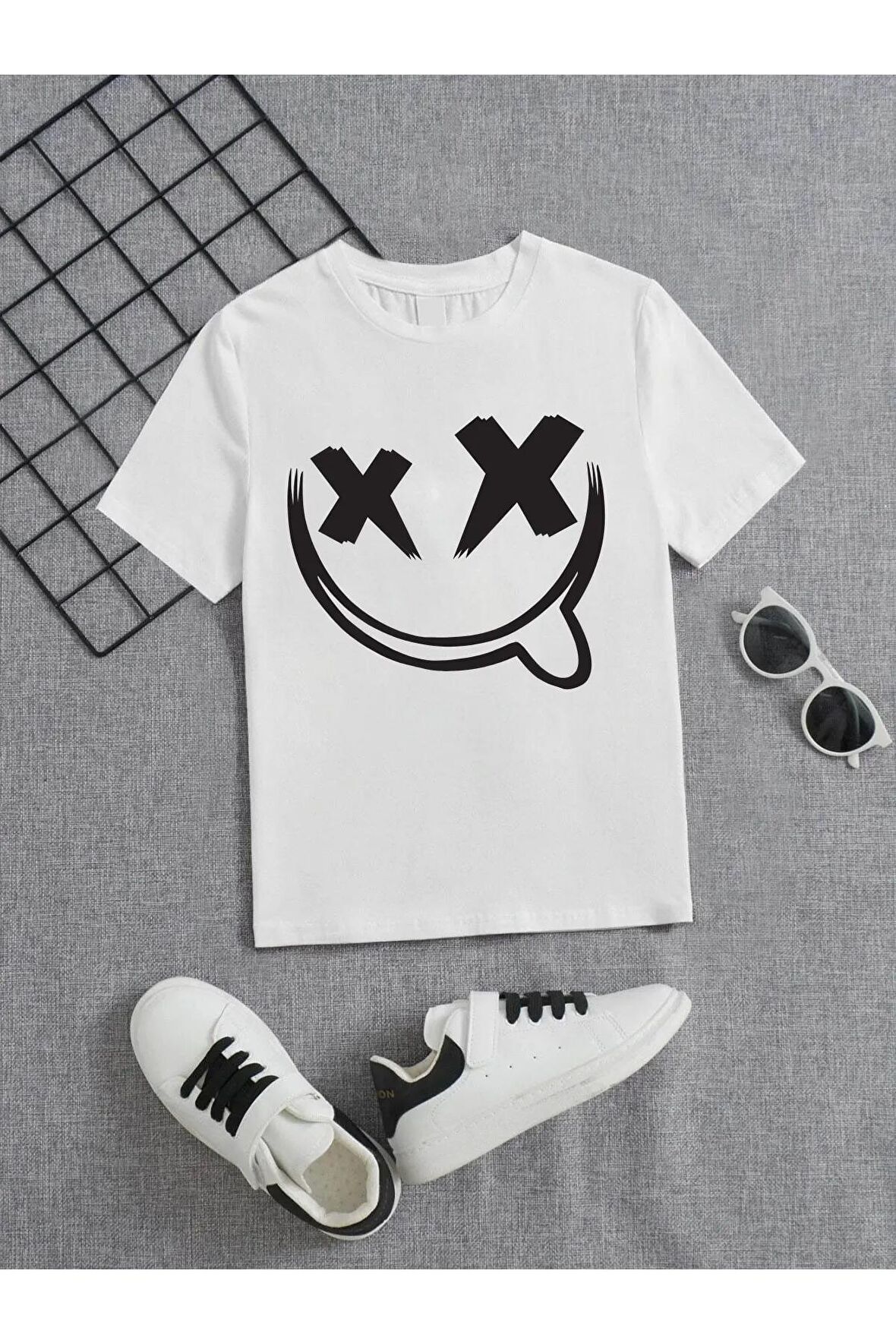 Ünisex Rahat Kalıp Pamuklu Baskılı Beyaz Çocuk T-shirt