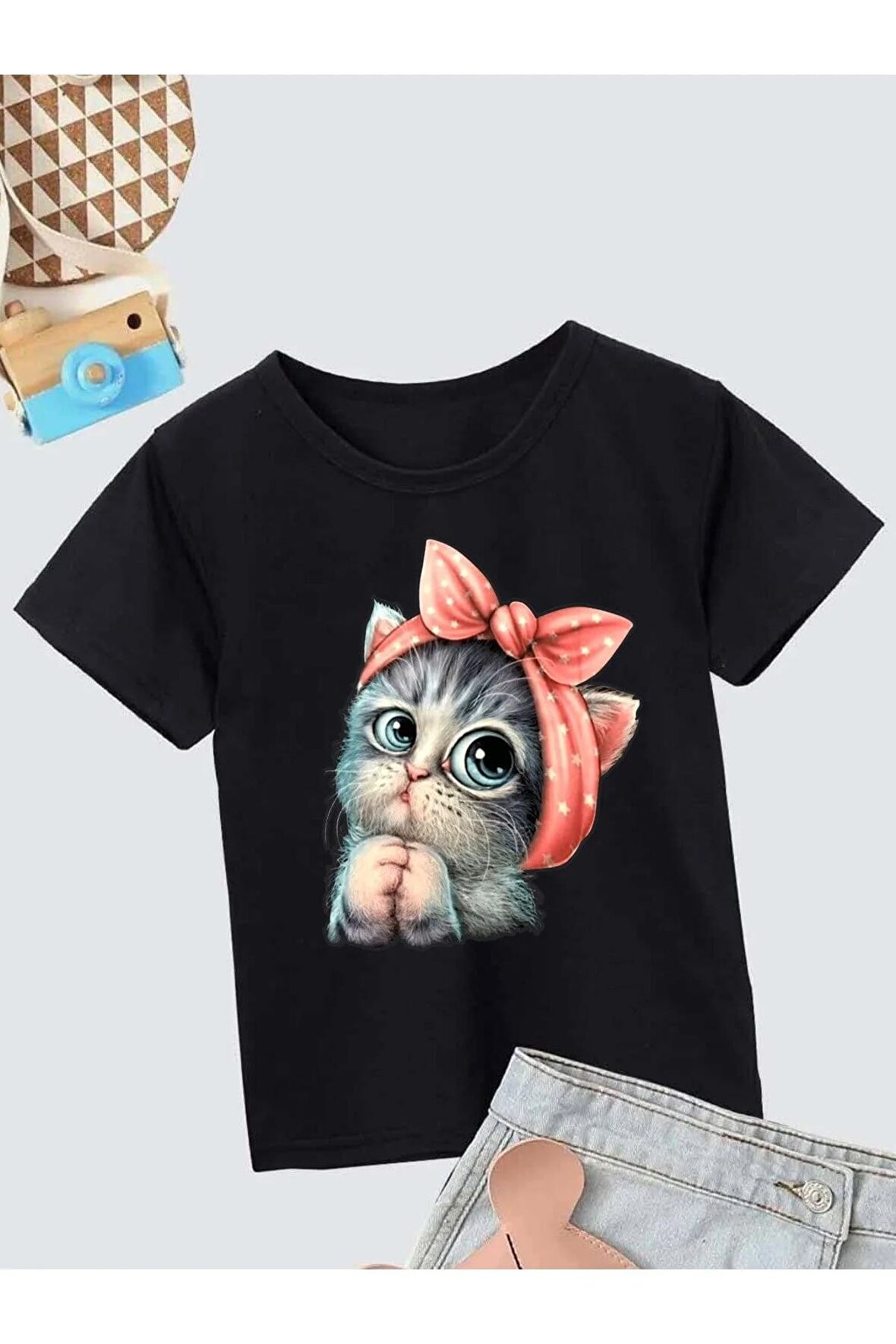 Ünisex Rahat Kalıp Pamuklu Baskılı Siyah Çocuk T-shirt