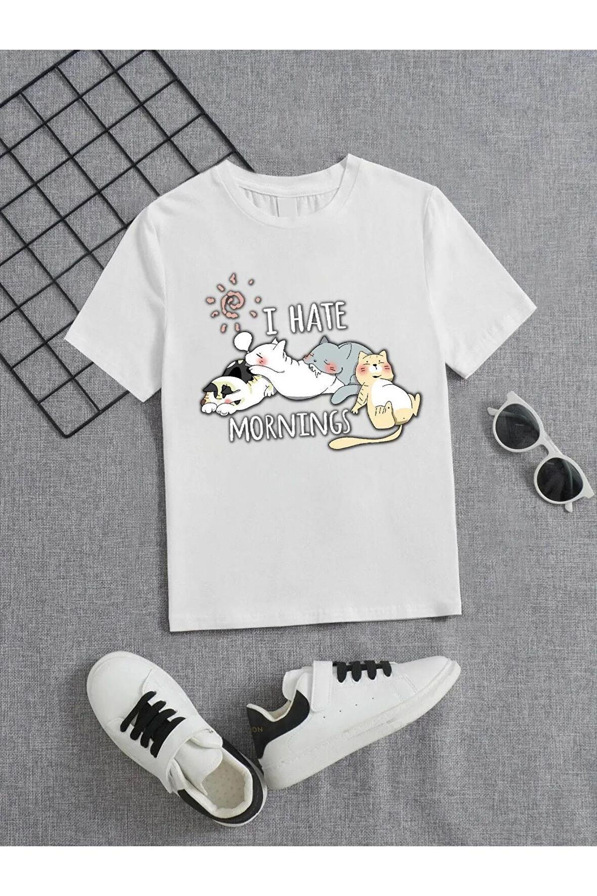 Ünisex Rahat Kalıp Pamuklu Baskılı Beyaz Çocuk T-shirt