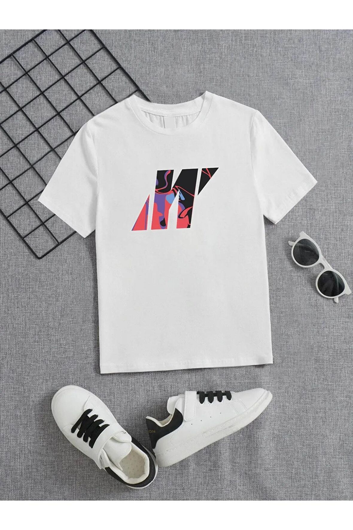 Ünisex Rahat Kalıp Pamuklu Baskılı Beyaz Çocuk T-shirt