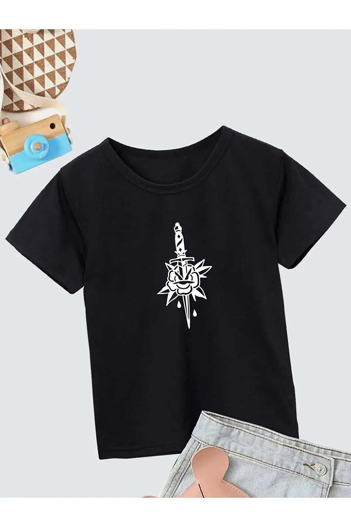 Ünisex Rahat Kalıp Pamuklu Baskılı Siyah Çocuk T-shirt