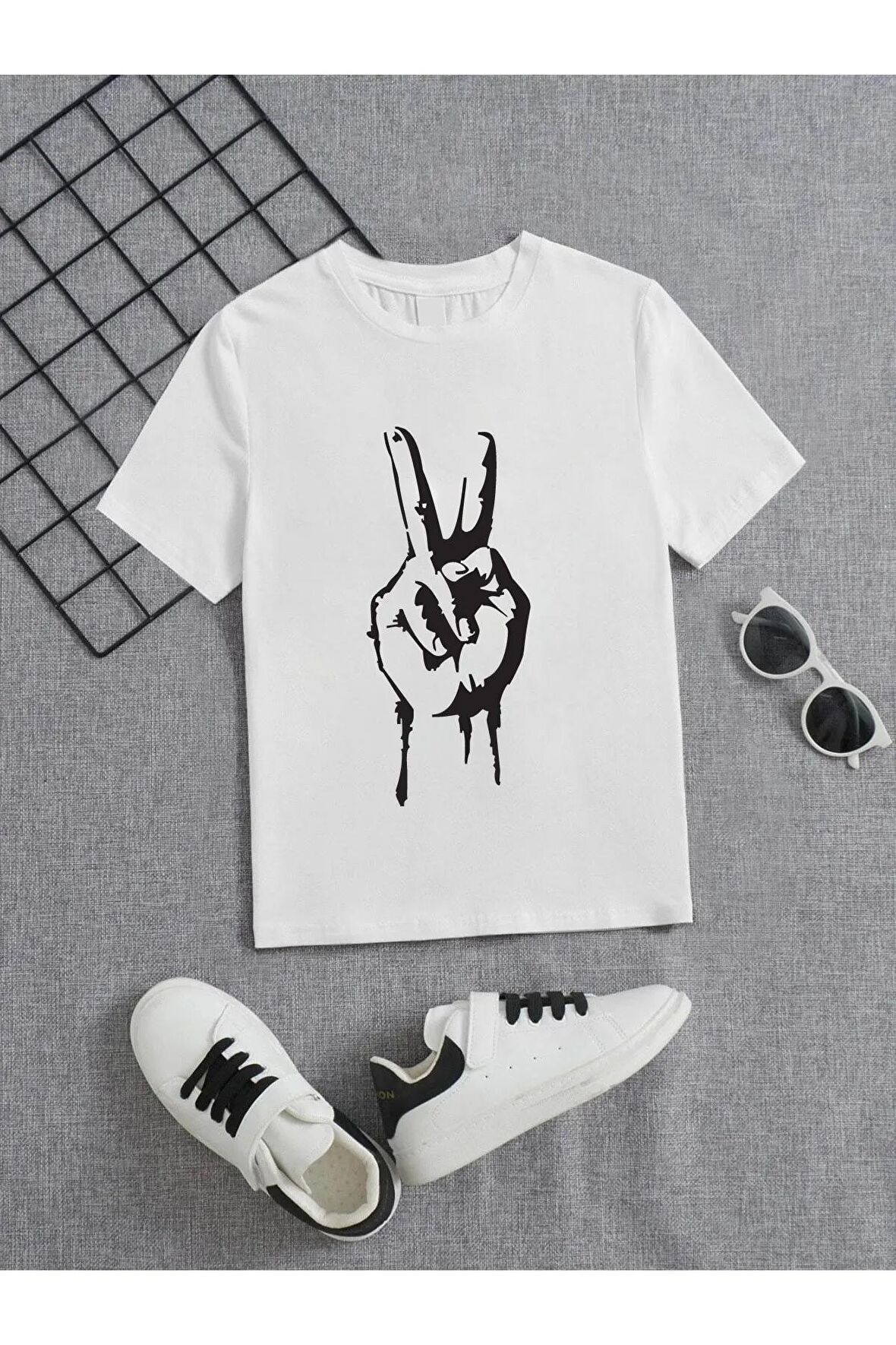 Ünisex Rahat Kalıp Pamuklu Baskılı Beyaz Çocuk T-shirt