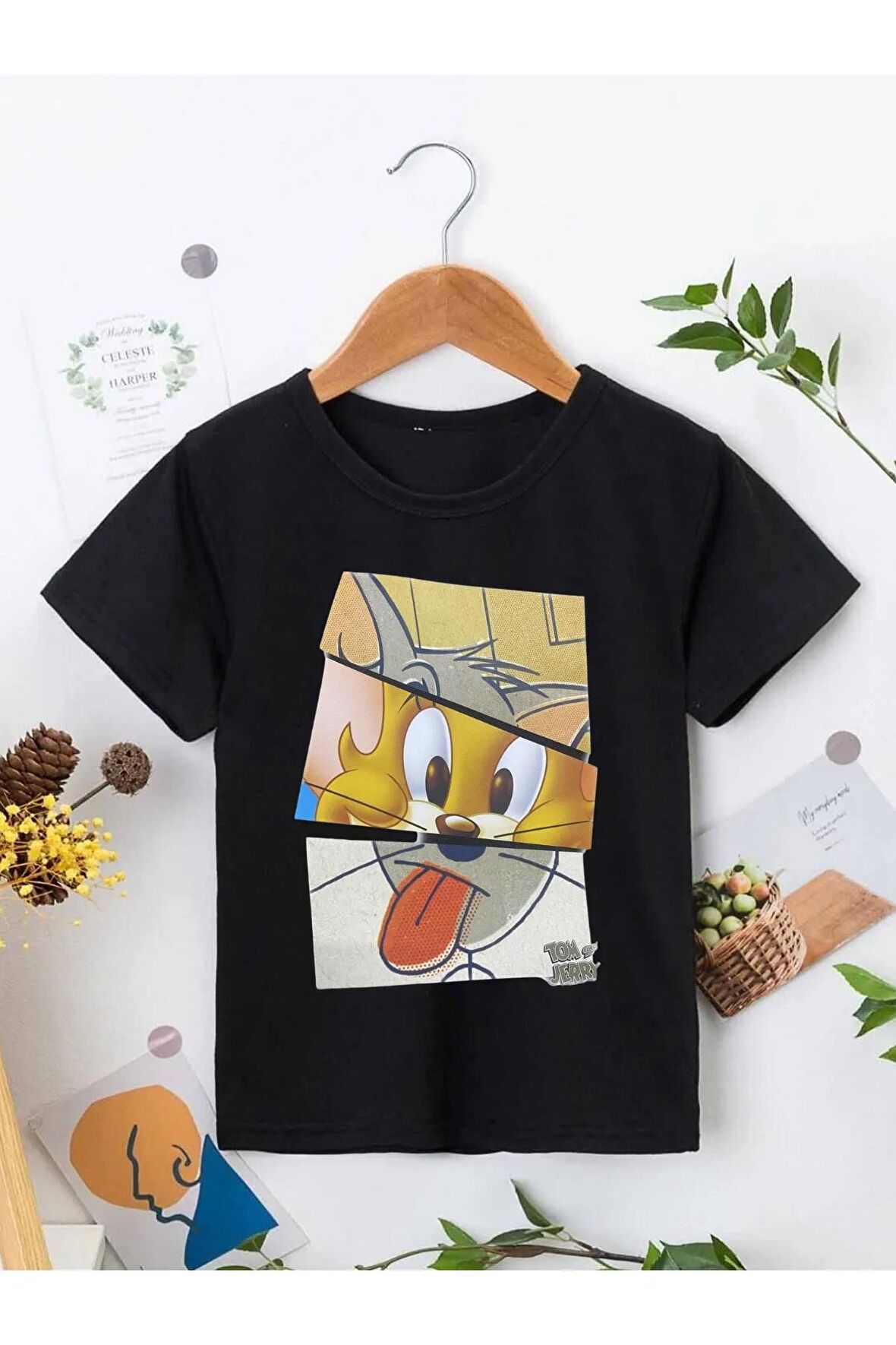 Ünisex Rahat Kalıp Pamuklu Baskılı Siyah Çocuk T-shirt