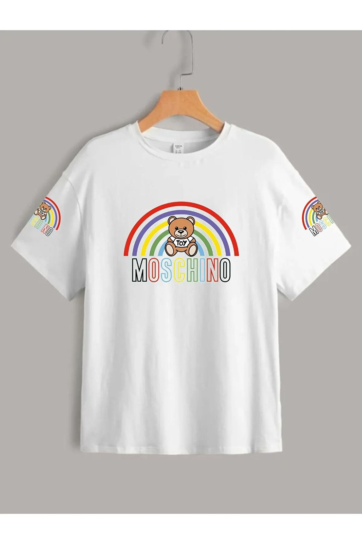 Çocuk Oversize Unisex Gökkuşağı Moschıno Pamuklu Bisiklet Yaka Tişört