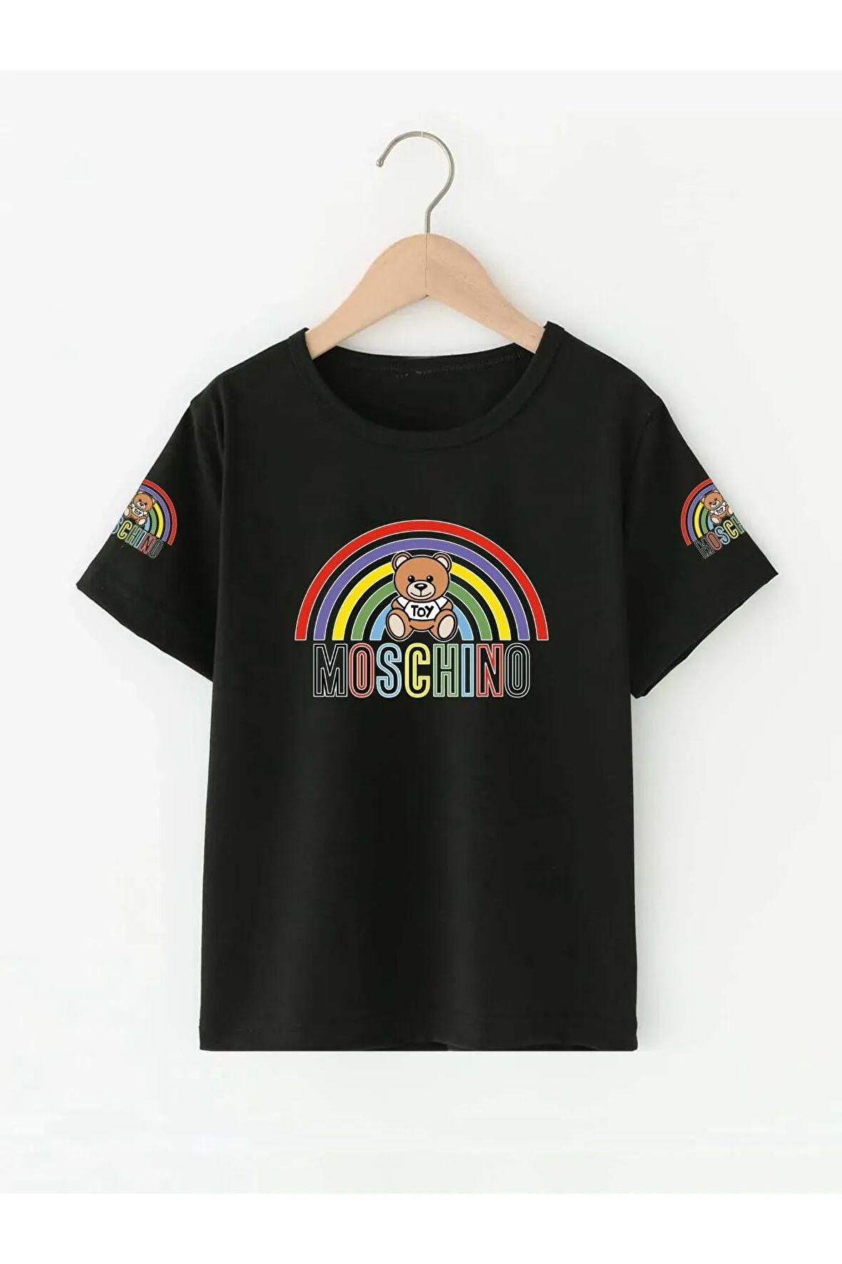 Çocuk Oversize Unisex Gökkuşağı Moschıno Pamuklu Bisiklet Yaka Tişört