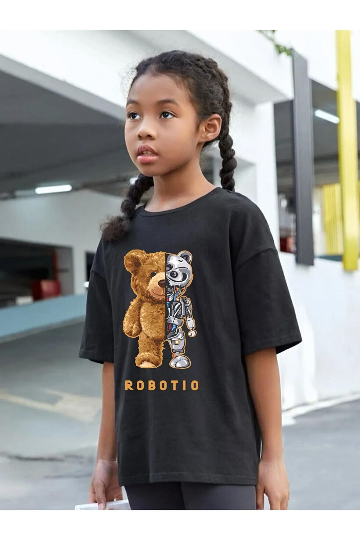 Çocuk Oversize Unisex Robotıo Pamuklu Bisiklet Yaka Tişört