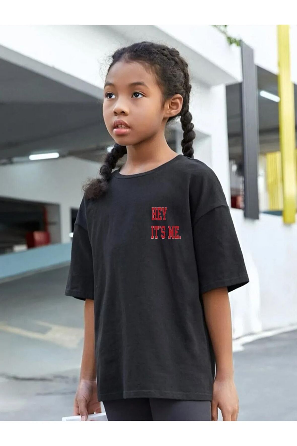 Çocuk Oversize Unisex Hey It's Me Pamuklu Bisiklet Yaka Tişört