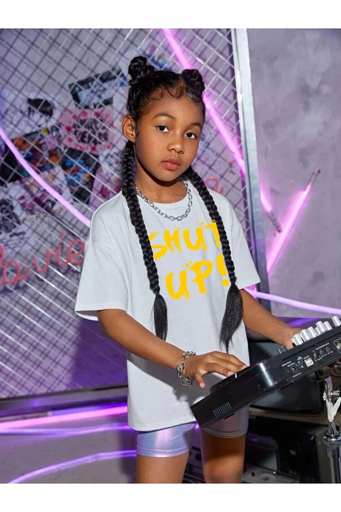 Çocuk Oversize Unisex Shut Up Baskılı Pamuklu Bisiklet Yaka Tişört