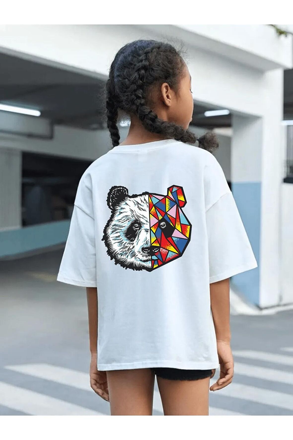 Çocuk Oversize Unisex Renkli Panda Pamuklu Bisiklet Yaka Tişört