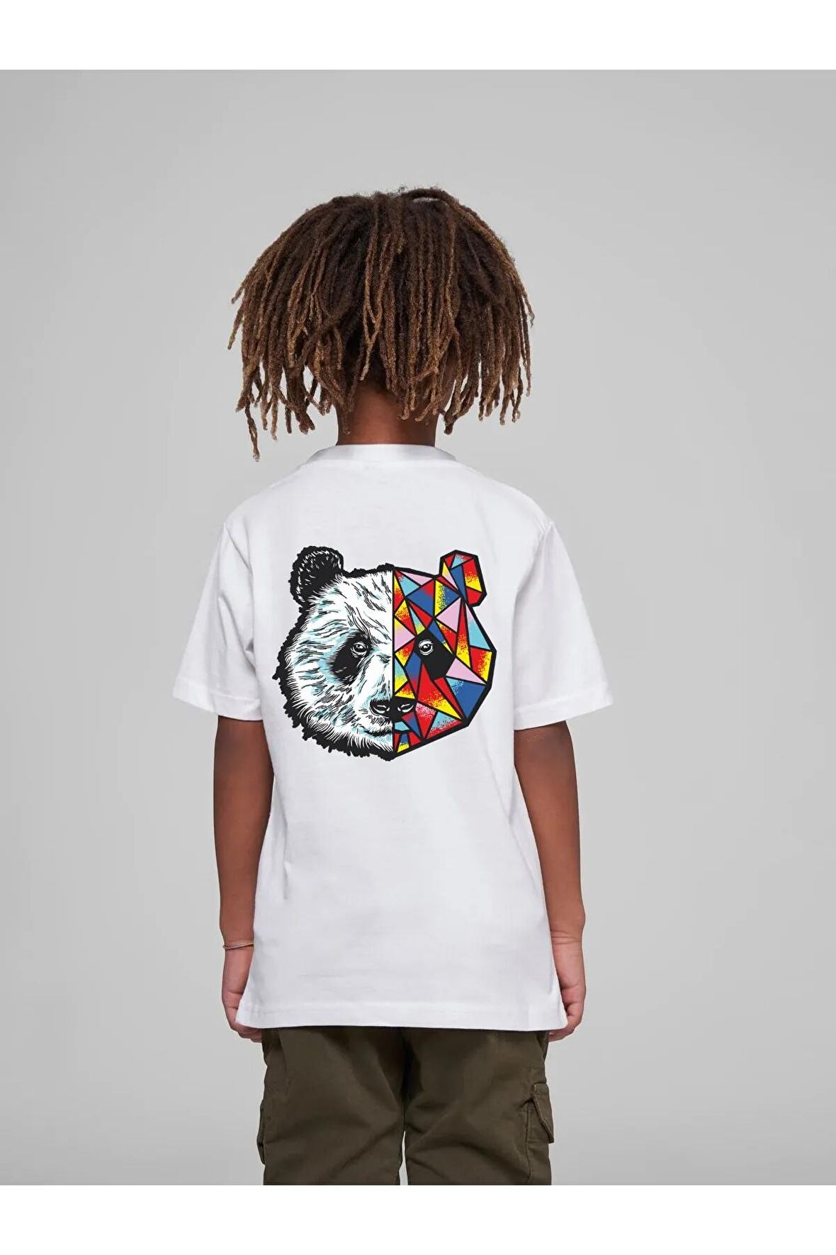 Çocuk Oversize Unisex Renkli Panda Pamuklu Bisiklet Yaka Tişört