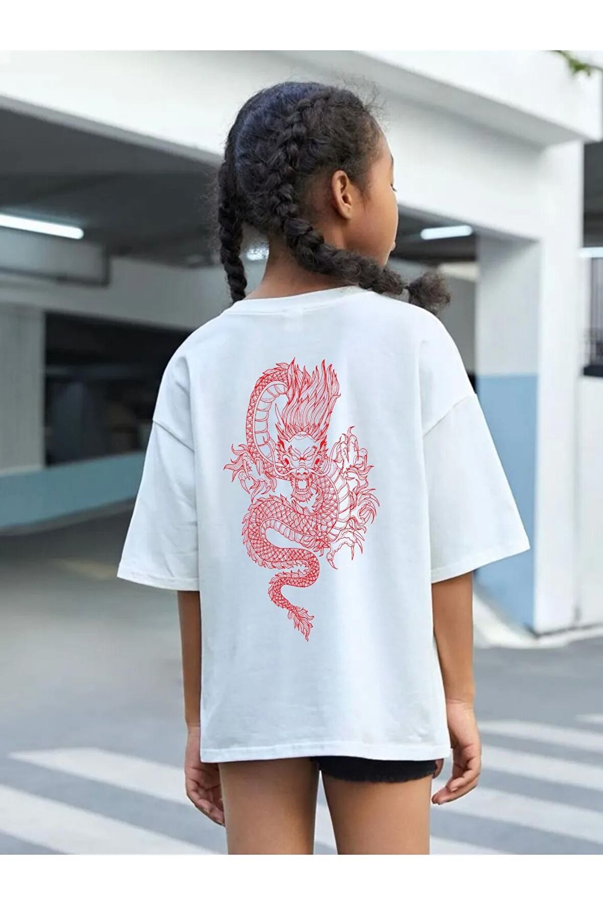 Çocuk Oversize Unisex Dragon Pamuklu Bisiklet Yaka Tişört
