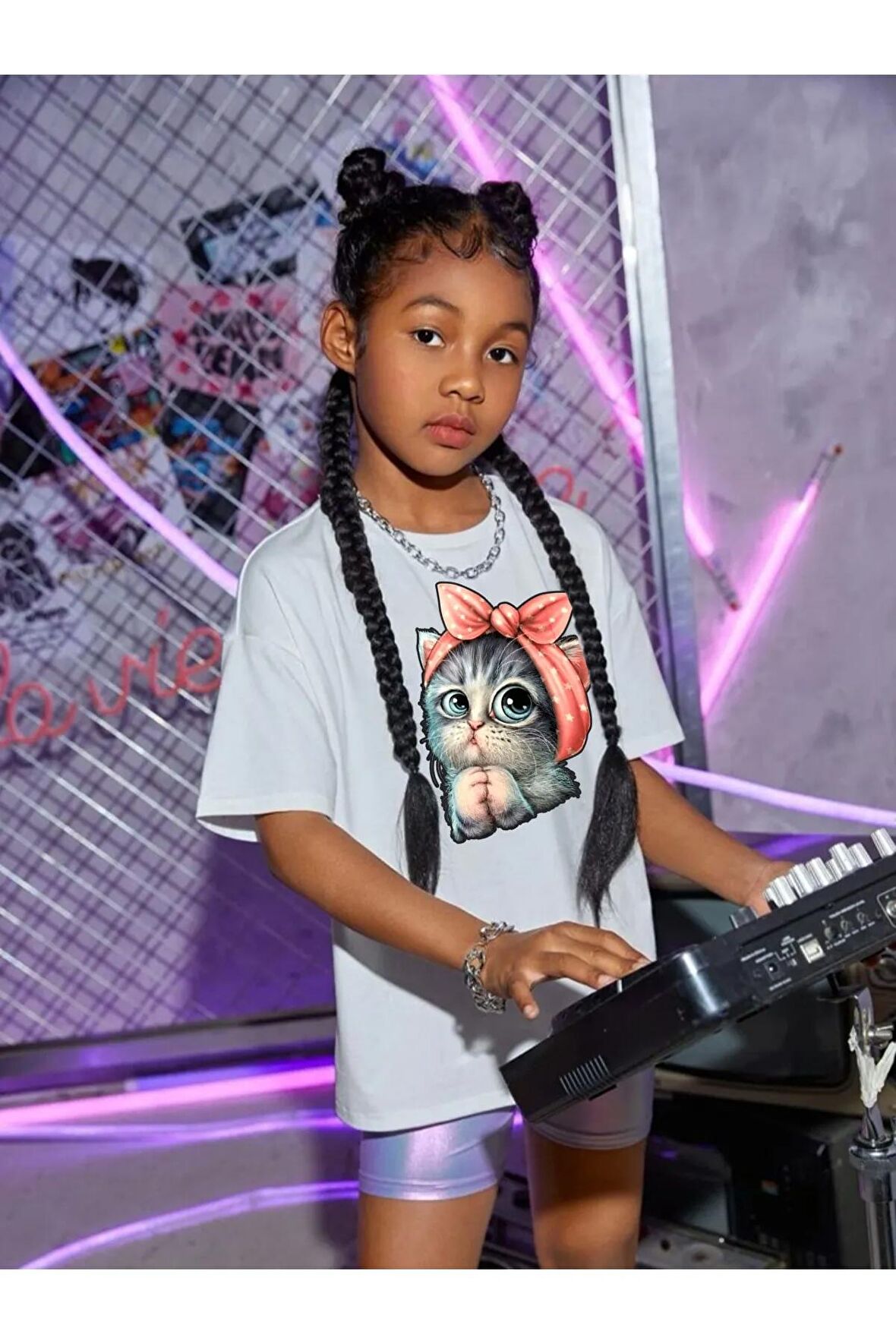 Çocuk Oversize Unisex Tatlı Kedi Pamuklu Bisiklet Yaka T-Shirt