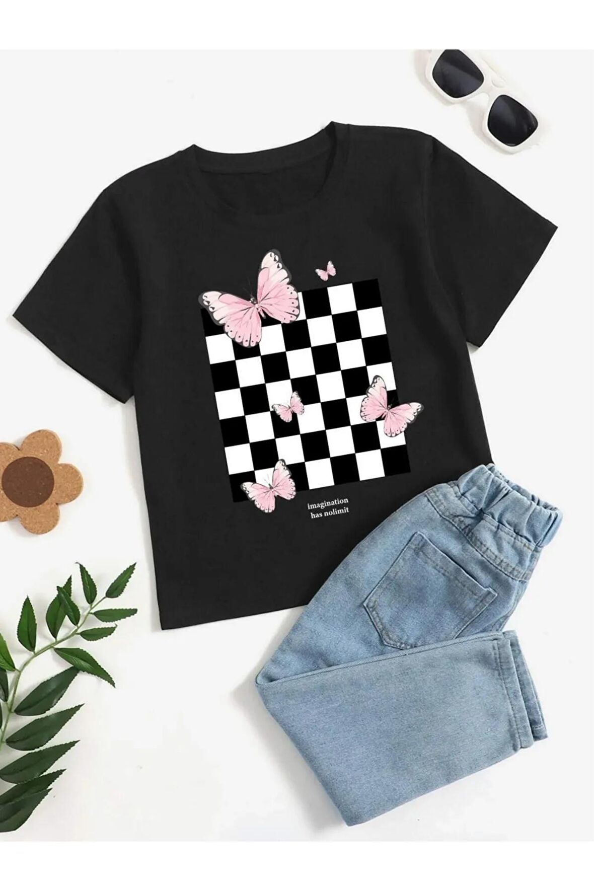 Unısex Rahat Kalıp Pamuklu Dama Kelebek Baskılı Çocuk T-shirt