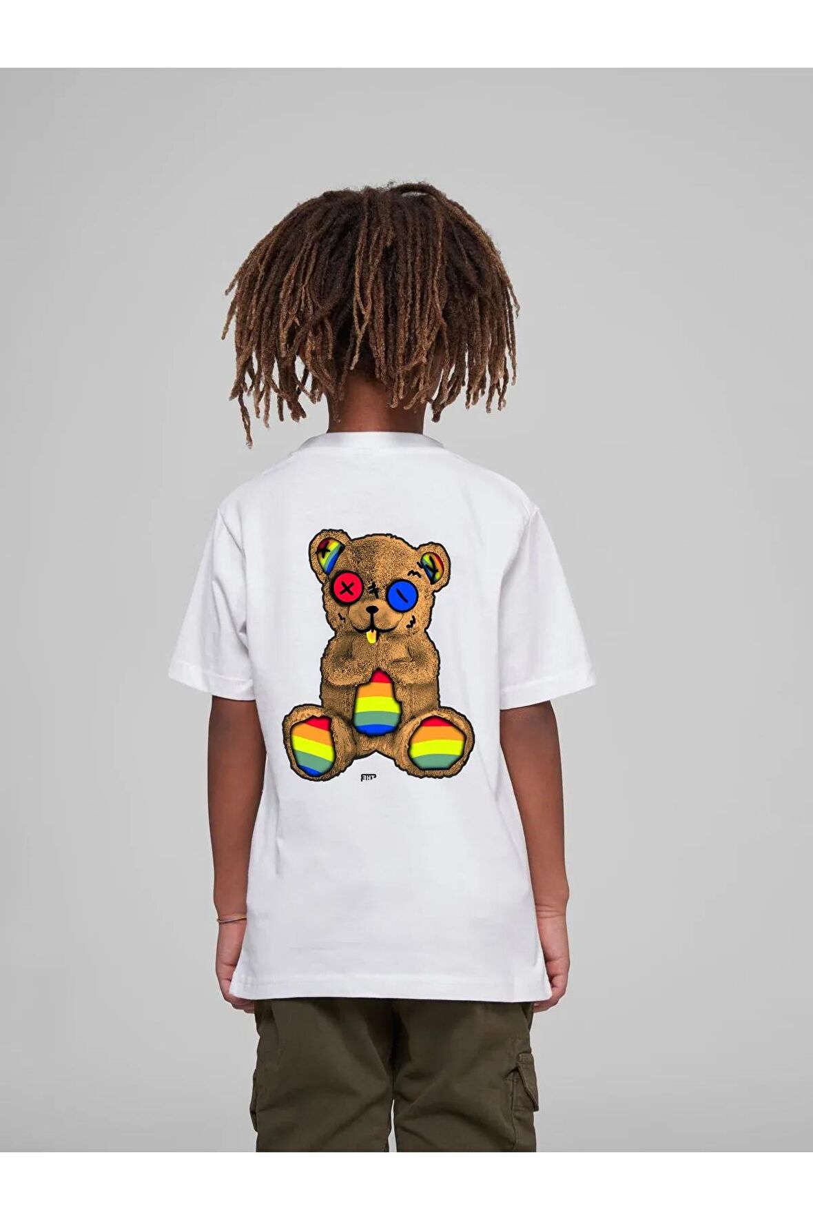 Çocuk Oversize Unisex Renkli Ayıcık Pamuklu Bisiklet Yaka Tişört