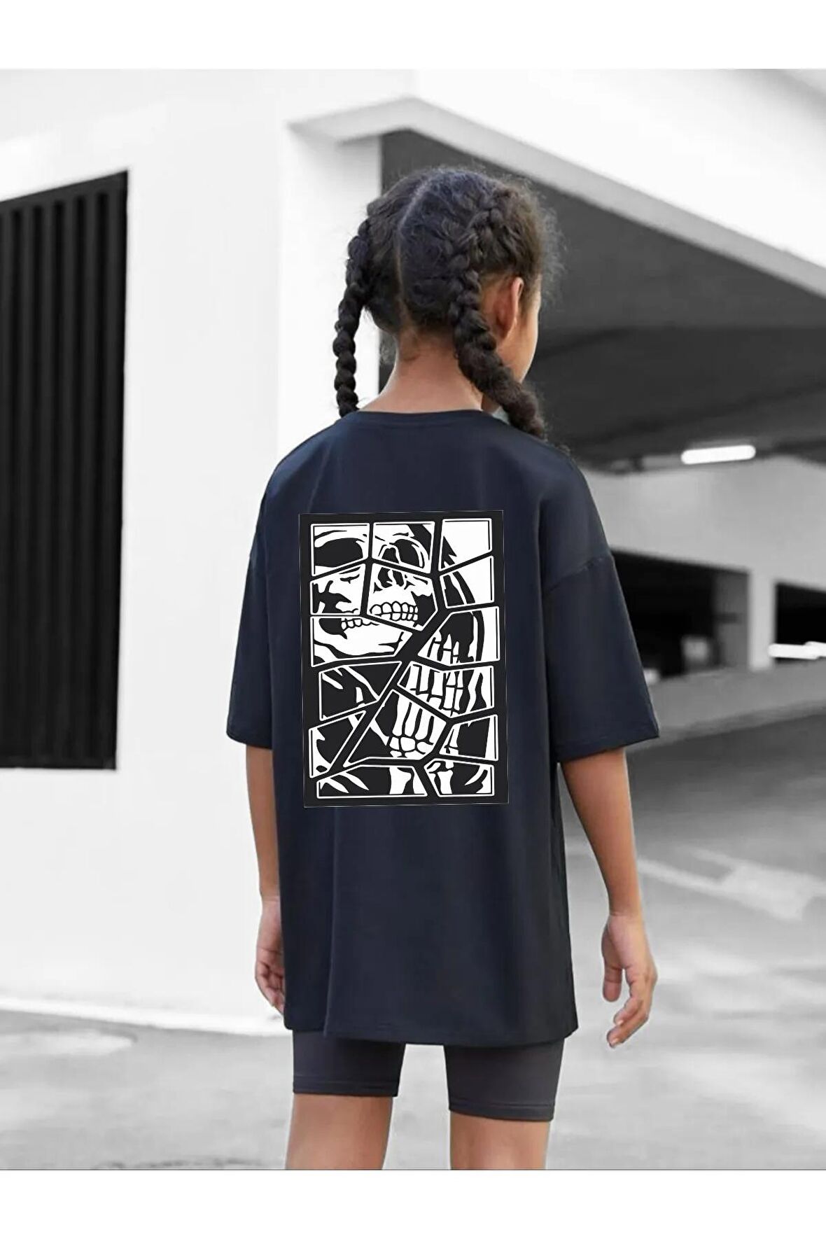 Çocuk Oversize Unisex Parçalı Iskelet Baskılı Pamuklu Bisiklet Yaka Tişört