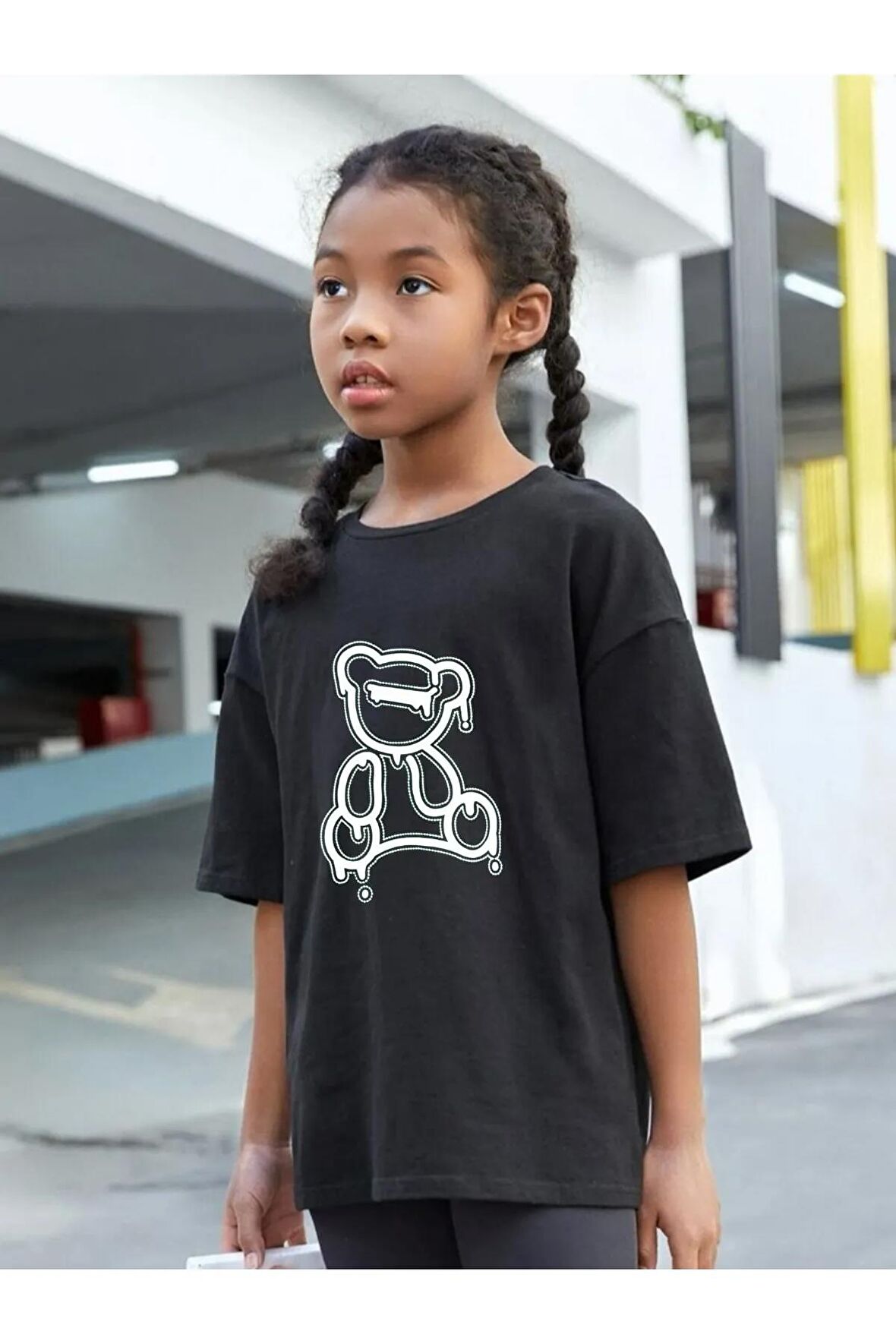 Çocuk Oversize Unisex Vektör Ayıcık Pamuklu Bisiklet Yaka Tişört