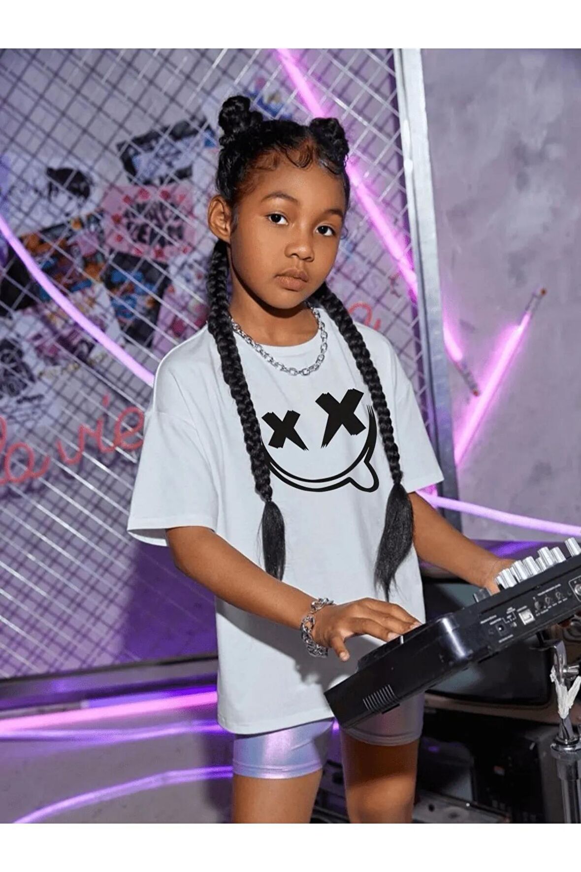 Çocuk Oversize Unisex Çarpı Yüz Pamuklu Bisiklet Yaka Tişört