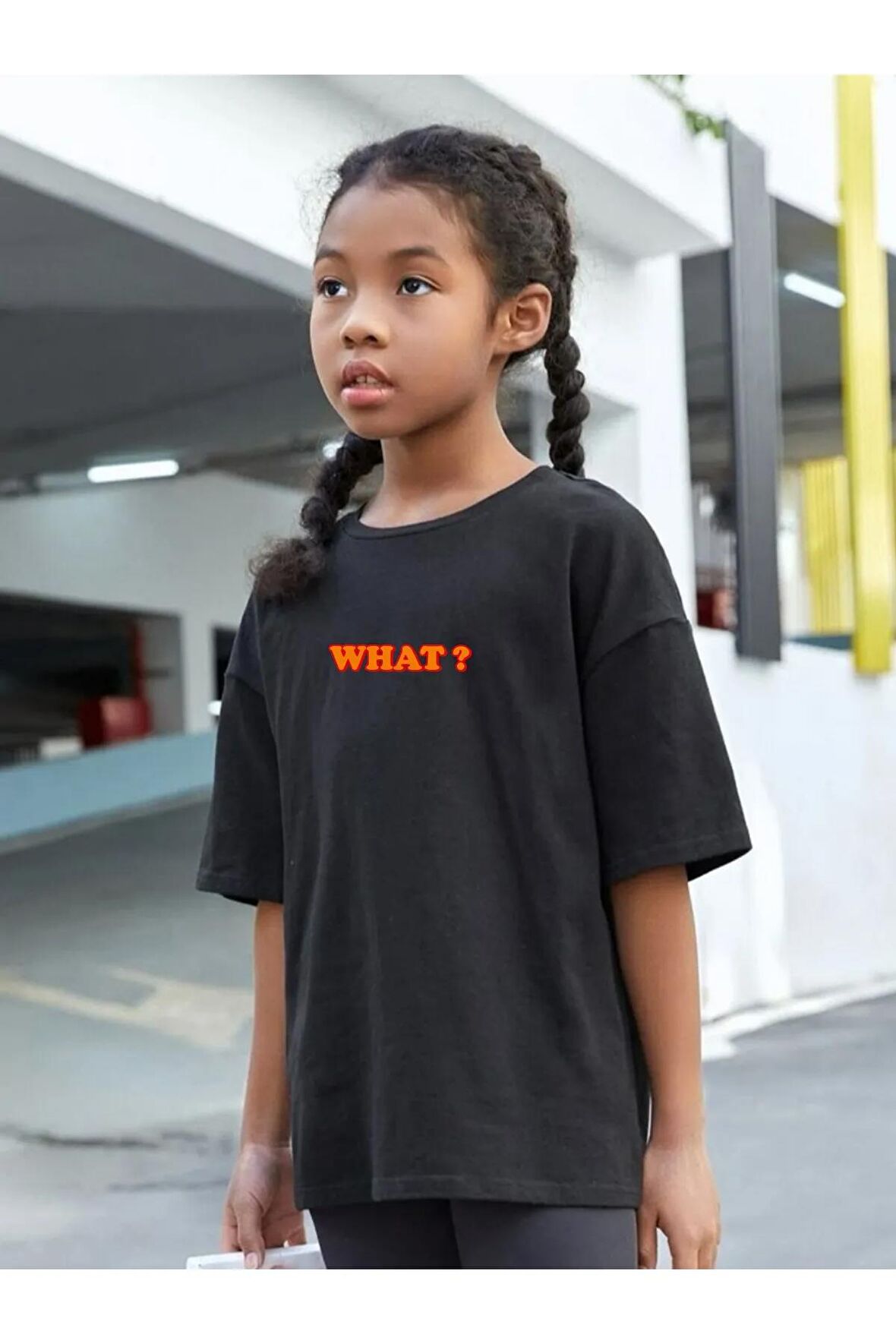 Çocuk Oversize Unisex What Pamuklu Bisiklet Yaka Tişört