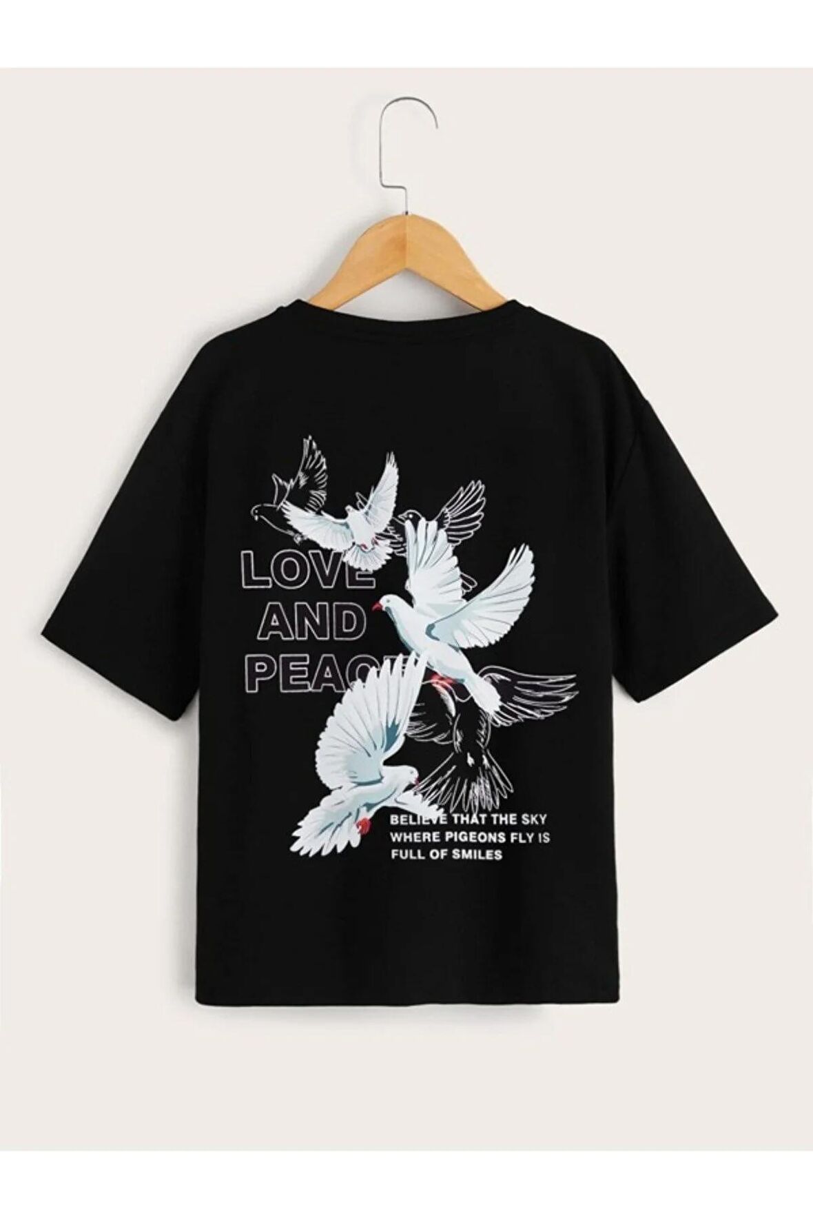 Unısex Rahat Kalıp Pamuklu Beyaz Güvercin Baskılı Çocuk T-shirt