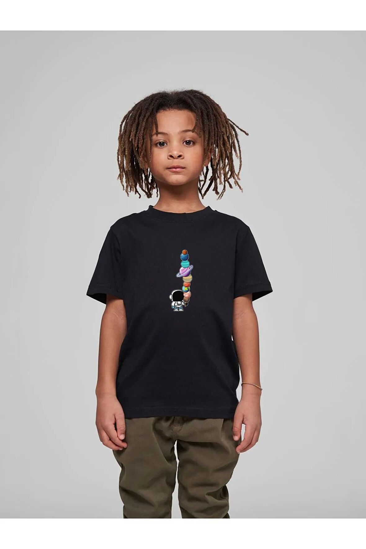 Çocuk Oversize Unisex Gezegenler Pamuklu Bisiklet Yaka T-Shirt
